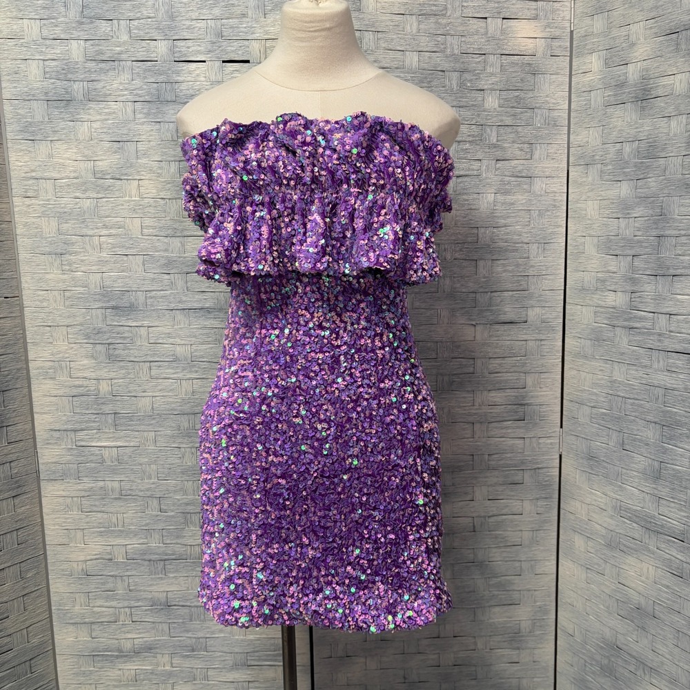 Allison + Kelly Tube Mini Medium Sparkly Purple Sequin Ruffle Party